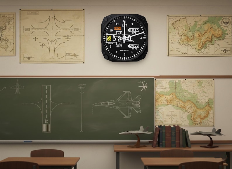 May include: A black aviation-themed clock with white markings hangs on a wall. The clock face displays numbers and indicators. The background includes aviation diagrams, maps, and a chalkboard with aircraft drawings. The scene evokes a classroom setting.