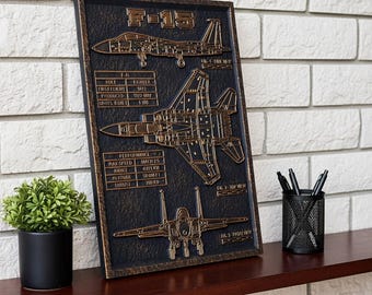 Aviation wall art decor | F-15 Eagle 3D Relief | Carved Military Fighter Jet Blueprint | Gift for Pilots & Veterans
