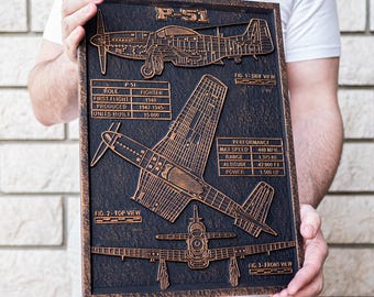 Aviation blueprint for P-51 Mustang pilots and fans - WWII Military Aircraft Schematic - Man Cave, office, home retirement gift for him