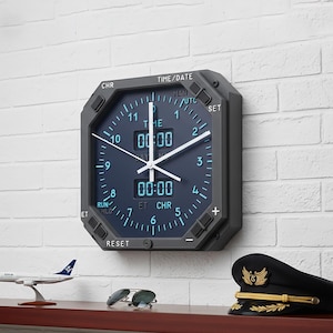 Può includere: Un orologio da parete grigio scuro con un display digitale che mostra l'ora. L'orologio ha una forma ottagonale unica ed è montato su un muro di mattoni bianchi. Un modellino di aereo, occhiali da sole e un cappello da pilota sono su una mensola sottostante.