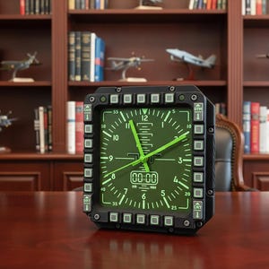 Fighter jet pilot wall clock in the style of a MFD (multi function display). Square black housing with light grey buttons and green lcd displaying time.
