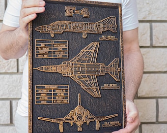 Aviation wall art decor | F-4 Phantom 3D Relief | Carved Military Fighter Jet Blueprint | Gift for Pilots & Veterans