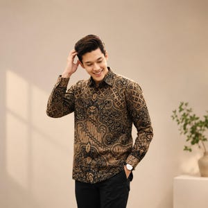 May include: A long-sleeved button-down shirt featuring a detailed black and tan batik pattern with intricate swirling motifs and geometric shapes. The shirt has a classic collar, a front button placket, and buttoned cuffs, paired with solid black trousers.