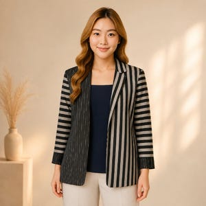 May include: A blazer featuring a split design with black and grey horizontal stripes on the left side and vertical stripes on the right side, worn over a solid navy blue top and light-coloured trousers, with long sleeves and a notched lapel collar.