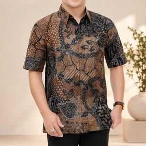 Handgjord herrskjorta i batik, kortärmad, indonesisk bomull, Pawana