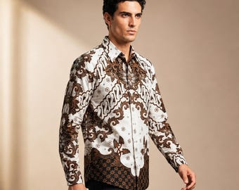 Herren Batik Hemd: Weißes Baumwoll Langarmshirt, Slim Fit, Handgefertigter Druck