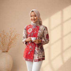 Könnte beinhalten: Eine langärmelige Tunika mit einem roten und beigen Batik-Blumenmuster und seitlichem Knopfverschluss, getragen mit einem passenden beigen Hijab. Das Kleidungsstück hat einen strukturierten Kragen und eine taillierte Passform mit traditionellen Mustern.