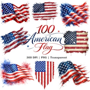 100 American Flag Clipart Bundle, Grunge Patriotic USA America flag PNG (Digital Download)