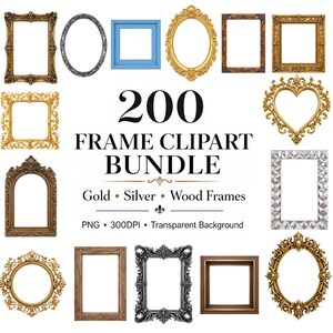 Pacchetto di clipart con cornici ornate in oro, argento e legno, e stravaganti disegni di teschi gotici (download digitale)