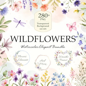 Op de afbeelding: Een aquarel clipart bundel met diverse wilde bloemen in roze, paarse, gele en blauwe tinten. De afbeelding bevat een libelle en een vlinder, met de tekst "WILDFLOWERS Watercolor Clipart Bundle". De bundel bevat bloemen, elementen en kransen.