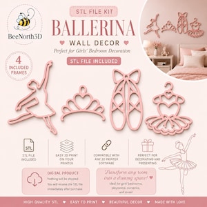 May include: A digital STL file kit for 3D printing featuring four pink wall decor designs: a ballerina silhouette, a tiara, ballet slippers, and a tutu on a hanger. The graphic includes the text BeeNorth3D Ballerina Wall Decor and STL File Included.
