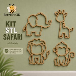 Pode incluir: Um conjunto de quatro decorações de parede com contornos castanhos representando um elefante, uma girafa, um leão e um macaco. O texto BeeNorth3D, KIT STL SAFARI e 4-PIECE WALL DECOR FOR A WILD AND SWEET ADVENTURE! está num fundo verde claro.