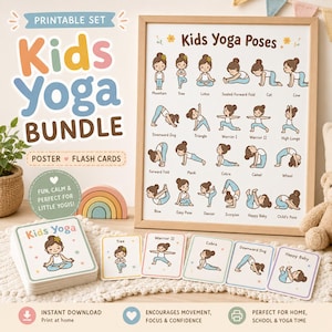 May include: A framed "Kids Yoga Poses" poster and flash cards. The poster shows yoga poses with illustrations. The flash cards feature yoga poses with illustrations. The words "Kids Yoga Bundle" are in colorful letters.