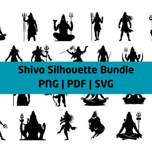 Può includere: Una collezione di sagome nere che raffigurano la divinità Shiva in varie pose, tra cui la meditazione seduta e in piedi con un tridente. L'immagine presenta il testo Shiva Silhouette Bundle PNG | PDF | SVG su uno sfondo verde acqua.