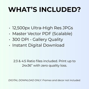 May include: Text on a gradient background reads "WHAT'S INCLUDED?" followed by a bulleted list: 12,500px Ultra-High Res JPGs, Master Vector PDF, 300 DPI, and Instant Digital Download. Also included are 2:3 & 4:5 ratio files, printable up to 24x36 inches.