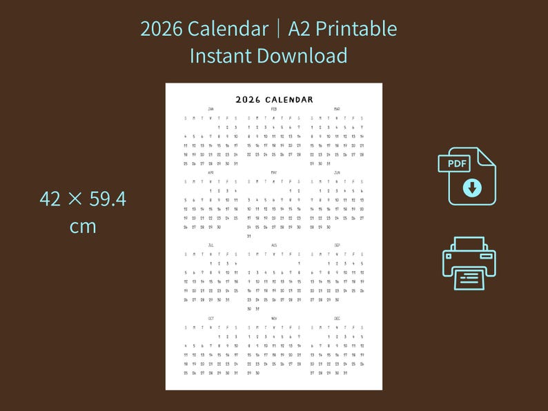 Kalender 2026 zum Ausdrucken (A2) | Wandkalender | Jahresplaner