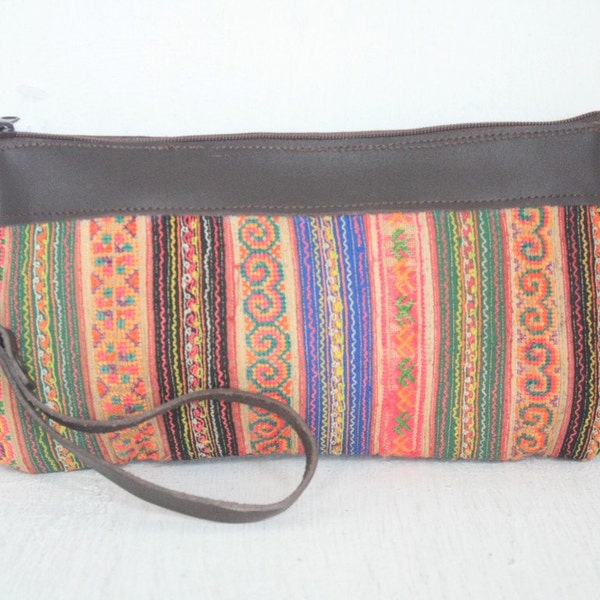 Lanna Hill Tribe Wristlet Clutch HMONG Vintage Fabric Leather Trim Fair Trade Thailand (BG286.703)