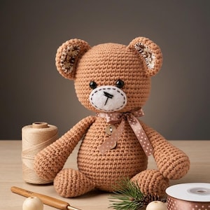 May include: A handmade crochet teddy bear in shades of brown, with black button eyes and a white muzzle. The bear has a ribbon around its neck and is surrounded by craft supplies, including yarn and a crochet hook.