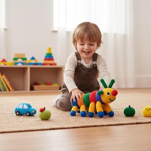 May include: A child is playing with a collection of knitted toys. The toys include a colourful caterpillar, a blue car, a green apple, and a yellow chick. The caterpillar is the main focus. The toys are on a woven rug in a bright room. Other wooden toys are on a shelf.