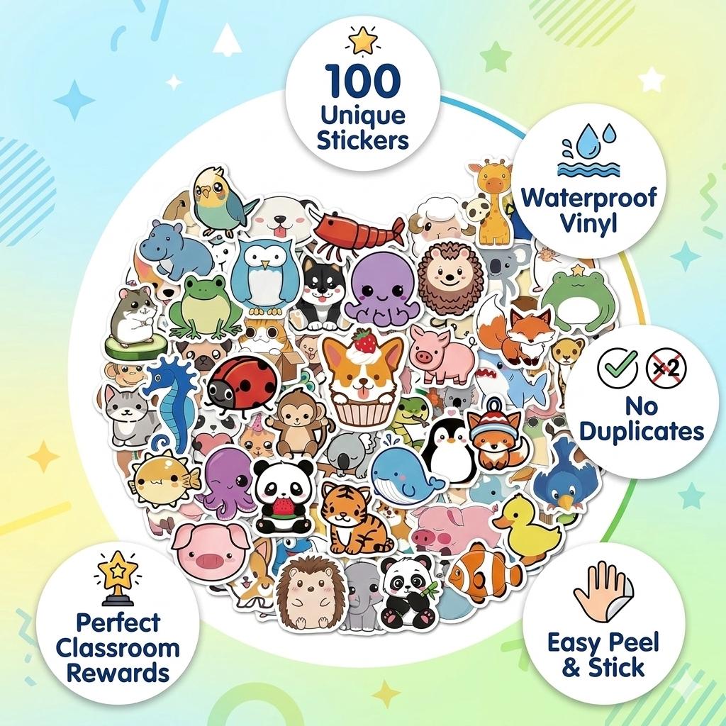 100 PCS Animal Stickers for Kids, Cute Waterproof Vinyl Stickers for ...