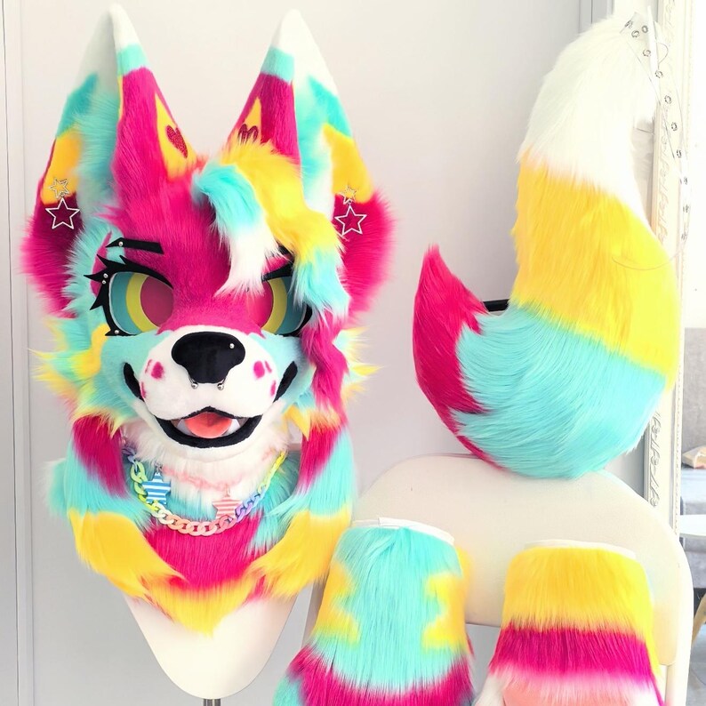 Pink Yellow Happy K-series Wolf Fursuit Head Handmade Cute Smiling ...