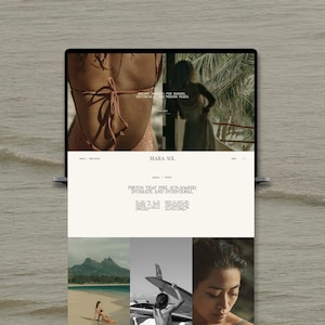 May include: A laptop screen displaying the Mara Sol website homepage. The site features a header with the brand name, navigation links, and a hero section with photography. Text includes "DREAMY IMAGERY FOR BRANDS, RECTORIAL AND MODERN MUSES" and "PHOTOS THAT FEEL SUN-SOAKED, INTIMATE, AND INTENTIONAL."