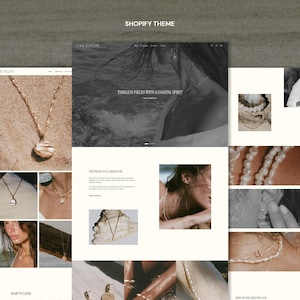 May include: A digital display of a jewelry website layout featuring multiple product images of necklaces, earrings, and bracelets. The design includes text headers like LANE JEWELRY and TIMELESS PIECES WITH A COASTAL SPIRIT, showcasing various gold and pearl jewelry items.