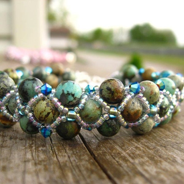 African Turquoise and Crystal right angle weave bracelet