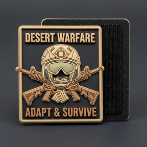 Może przedstawiać: Prostokątna naszywka z napisem "DESERT WARFARE" nad ilustracją hełmu i skrzyżowanych karabinów. Poniżej ilustracji znajdują się słowa "ADAPT & SURVIVE". Naszywka jest w kolorze beżowym i czarnym.