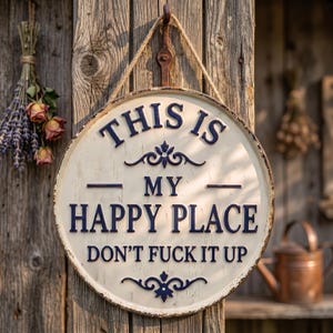 Puede incluir: Un letrero redondo de metal blanquecino con el texto "THIS IS MY HAPPY PLACE DON'T FUCK IT UP" en letras azul oscuro. Cuelga de una superficie de madera envejecida con una cuerda y un gancho de metal.