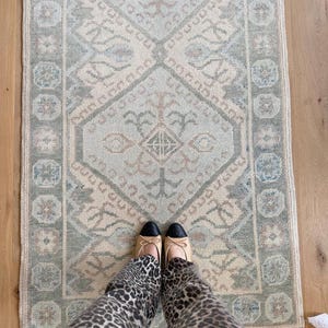 May include: A rectangular rug with a faded, vintage-inspired design. The rug features a central diamond pattern in shades of beige, blue, and muted green, surrounded by floral and geometric motifs. The rug is placed on a wooden floor.