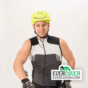 Reflective smiley ski helmet cover, snowboard helmet cover, bike and cycling helmet cover, riding helmet cover, rafting helmet cover, etc.