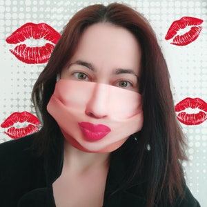 KISS Funny Face Mask With Lips, Self Care, Textile Washable Adjustable Reusable Face Mask, RED LIPS Style, Comfy To Wear
