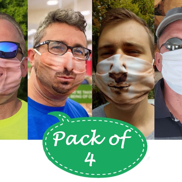 4er Pack Lustige Gesichtsmasken, Michelangelo David, Weißer Bartmann, Handsome Smile, Reines Weiß