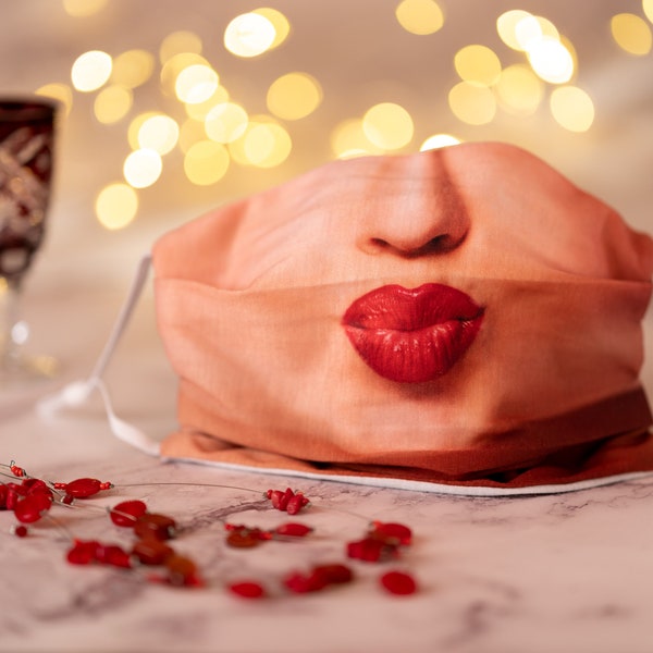 Valentinstag Geschenk für Sie, Lippen Gesichtsmaske Erwachsene, Kuss Gesichtsmaske, waschbar mit Filtertasche RED LIPS Style