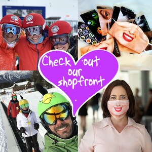 May include: A collage of images featuring various face masks with different designs. The masks are made of fabric and feature colorful patterns, including a cartoon character, a cat, and a woman's face. The text "Check out our storefront" is written in a purple heart shape.