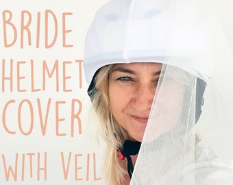 BRIDAL ski and bike helmet cover, bridal ride helmet cover with veil, white veil helmet cover for Bride