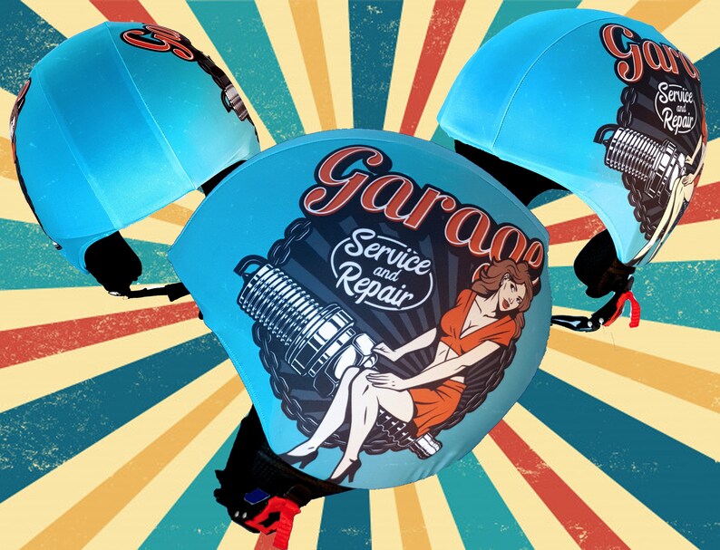 May include: Three blue helmets with a retro design. The helmets have a graphic of a woman in a red dress and a spark plug with the text "Garage Service and Repair".