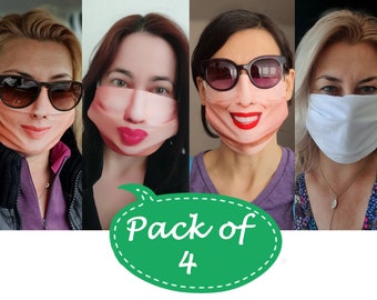 Pack of 4 Designer Face Masks, Radiant Smile, White Woman,  Red Lips, Pure White Mask for Women