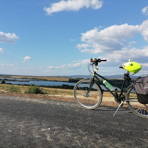 Pode incluir: Uma bicicleta verde com um selim preto e uma bolsa de selim verde e amarela. A bicicleta est&aacute; estacionada em uma estrada pavimentada com um lago e um campo ao fundo.