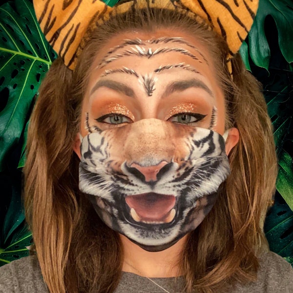 Tiger Gesichtsmaske, Halloween Gesichtsmaske, Verstellbare Niedliche Gesichtsmaske für Erwachsene, TIGER Style, mit Nasenbügel und Filtertasche