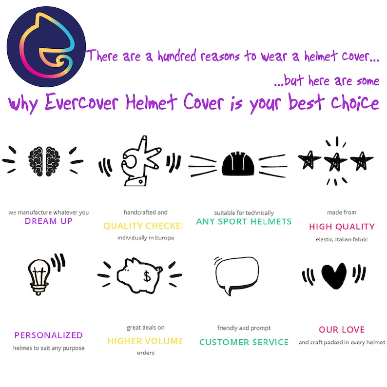 May include: A graphic with a list of reasons why Evercover Helmet Cover is the best choice. The graphic features icons and text, including "Dream Up", "Quality Checked", "Any Sport Helmets", "High Quality", "Personalized", "Higher Volume", "Customer Service", and "Our Love".