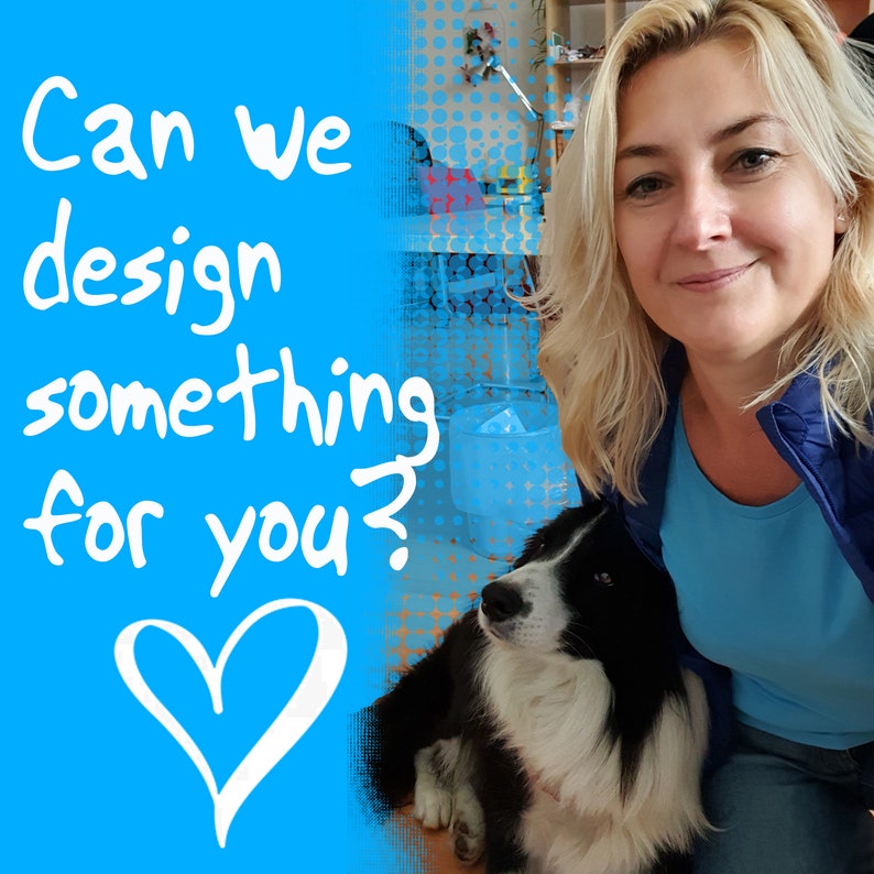 May include: A woman with blonde hair smiles at the camera while holding a black and white border collie. The text "Can we design something for you?" is written in white on a blue background with a white heart.