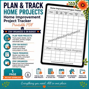 Home Improvement Project Tracker Printable | Renovation Planner | DIY Project Log | Instant Download