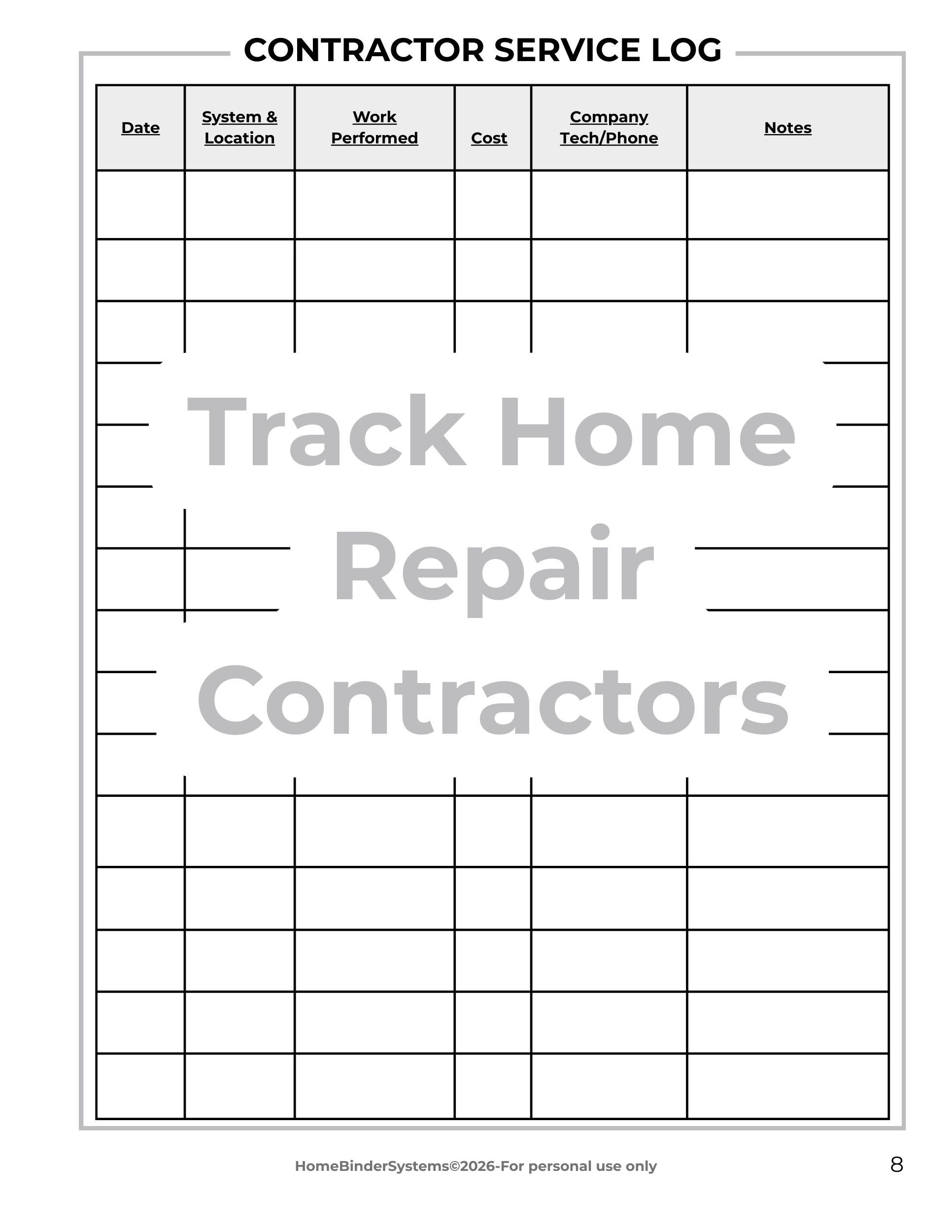 Contractor Service Log Printable | Home Repair Tracker | Service Record ...