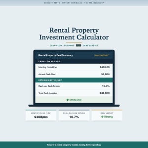 May include: A digital Rental Property Investment Calculator spreadsheet interface displaying a Rental Property Deal Summary with cash flow analysis, returns, and efficiency metrics, including a monthly cash flow of $408.69 and a 10.7% cash-on-cash return.