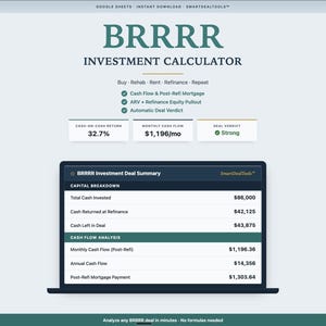 May include: A digital BRRRR investment calculator for Google Sheets. The interface displays a deal summary with capital breakdown and cash flow analysis, including metrics like total cash invested, monthly cash flow, and a strong deal verdict.