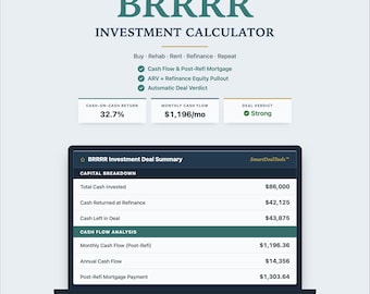 BRRRR Calculator | Real Estate Investment Spreadsheet | Rental Property ROI, Cash Flow, ARV & Refinance Analysis | Google Sheets Template