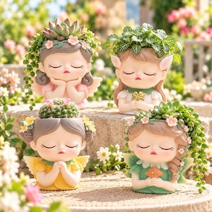 May include: Four resin planters shaped like figures with closed eyes and hands held together. Each figure features different hair colors, outfits, and plant arrangements, including succulents, a cactus, and a small mushroom accessory.