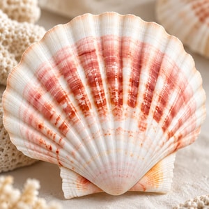 May include: A fan-shaped scallop shell featuring a white base with prominent radiating ridges in shades of coral and reddish-brown. The shell has a symmetrical, fluted edge and a textured surface with distinct vertical color patterns.